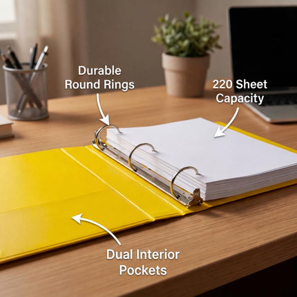 Premium 1-Inch 3-Ring View Binder, PVC-Free Yellow, Durable Round Rings, Clear Pockets, Holds 220 Sheets, Heavy Duty for School Office Home, 6 Pack