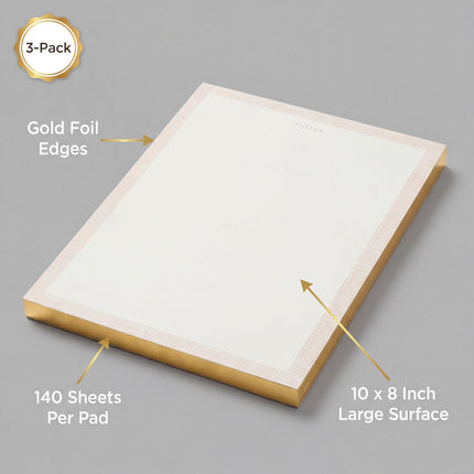 Bahazont Elegant Notes Premium Desktop Notepad, 10 x 8 Inch, Luxury Gold Foil Edge Writing Pad, White Paper with Decorative Border, 140 Sheets Each, 3-Pack