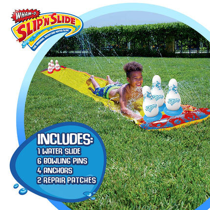 Wham-O Slip 'N Slide 2-1 Double Header Bowling | Pins Included | Water Sprinkler System | Double Splash Zone | 15ft Long