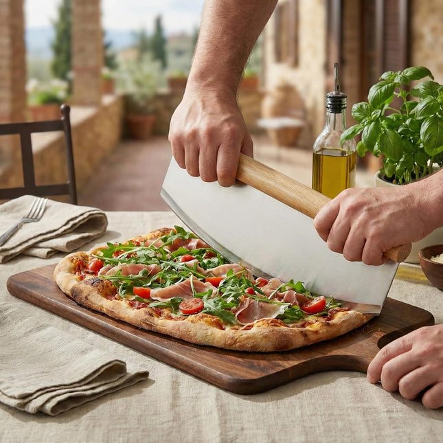 One Bite Stainless Steel Pizza Rocker Cutter with Wood Handle
