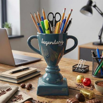 Legendary Ceramic Trophy Cup for Dad - Unique Desktop Organizer & Gift for Father's Day, Birthdays, and Special Occasions - Durable Teal Ceramic Design