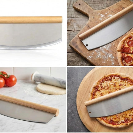 One Bite Stainless Steel Pizza Rocker Cutter with Wood Handle