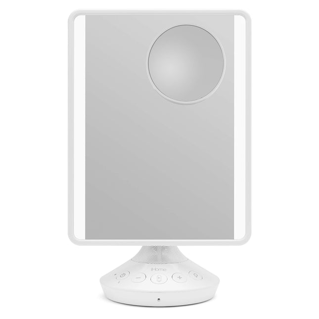 iHome 7" x 9" Reflect iCVBT22W Adjustable Vanity Mirror with Bonus 10X Mirror, Bluetooth Audio, Hands-Free Speakerphone, LED Lighting, Siri & Google Support USB Charging, (White, 7" x 9")