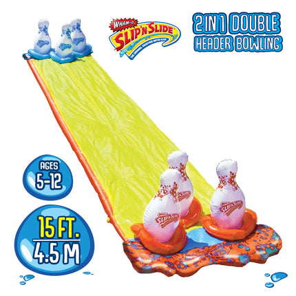 Wham-O Slip 'N Slide 2-1 Double Header Bowling | Pins Included | Water Sprinkler System | Double Splash Zone | 15ft Long