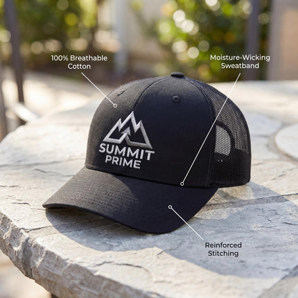 Summit Prime Baseball Hat - Premium Outdoor Snapback Cap, Adjustable Hiking Camping Baseball Hat for Men Women - Breathable Outdoor & Casual Headwear- One Size Black
