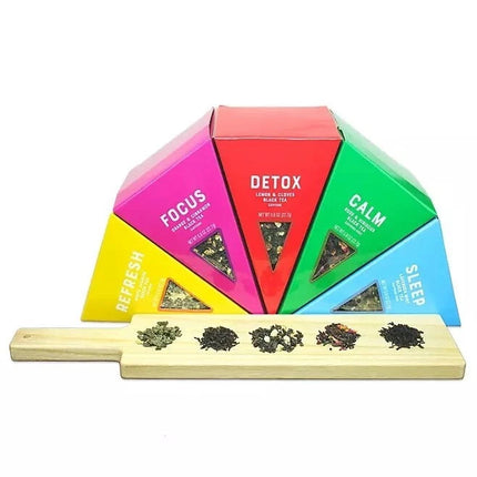 Enhance Your Mood Loose Leaf Tea Set, 5 Flavors, Gold Tea Strainer 2 x 14oz Mugs