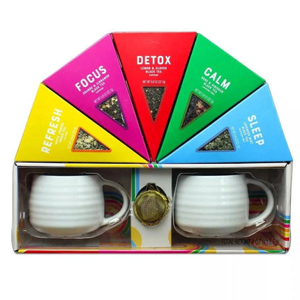 Enhance Your Mood Loose Leaf Tea Set, 5 Flavors, Gold Tea Strainer 2 x 14oz Mugs