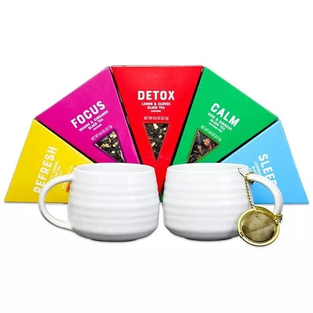 Enhance Your Mood Loose Leaf Tea Set, 5 Flavors, Gold Tea Strainer 2 x 14oz Mugs